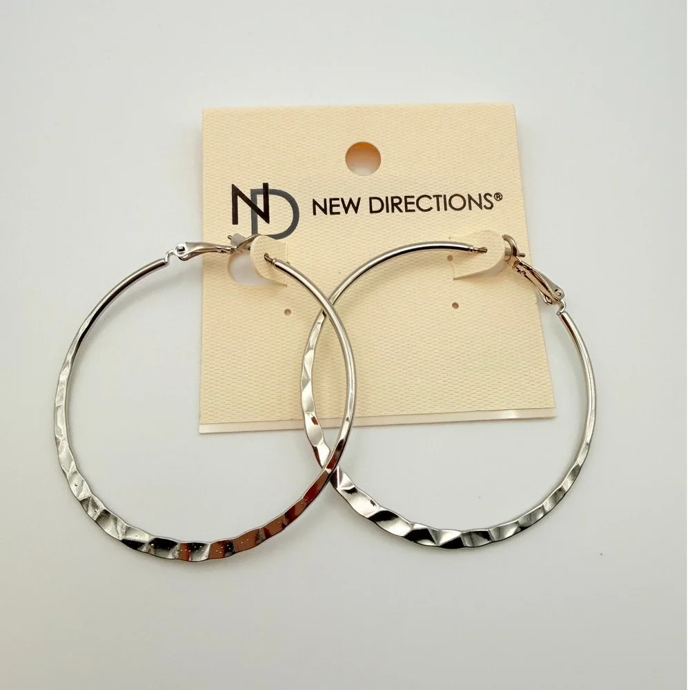 New Directions Silver Tone Hammered Wavy Large Hoop Earrings 2.5 Inch NEW